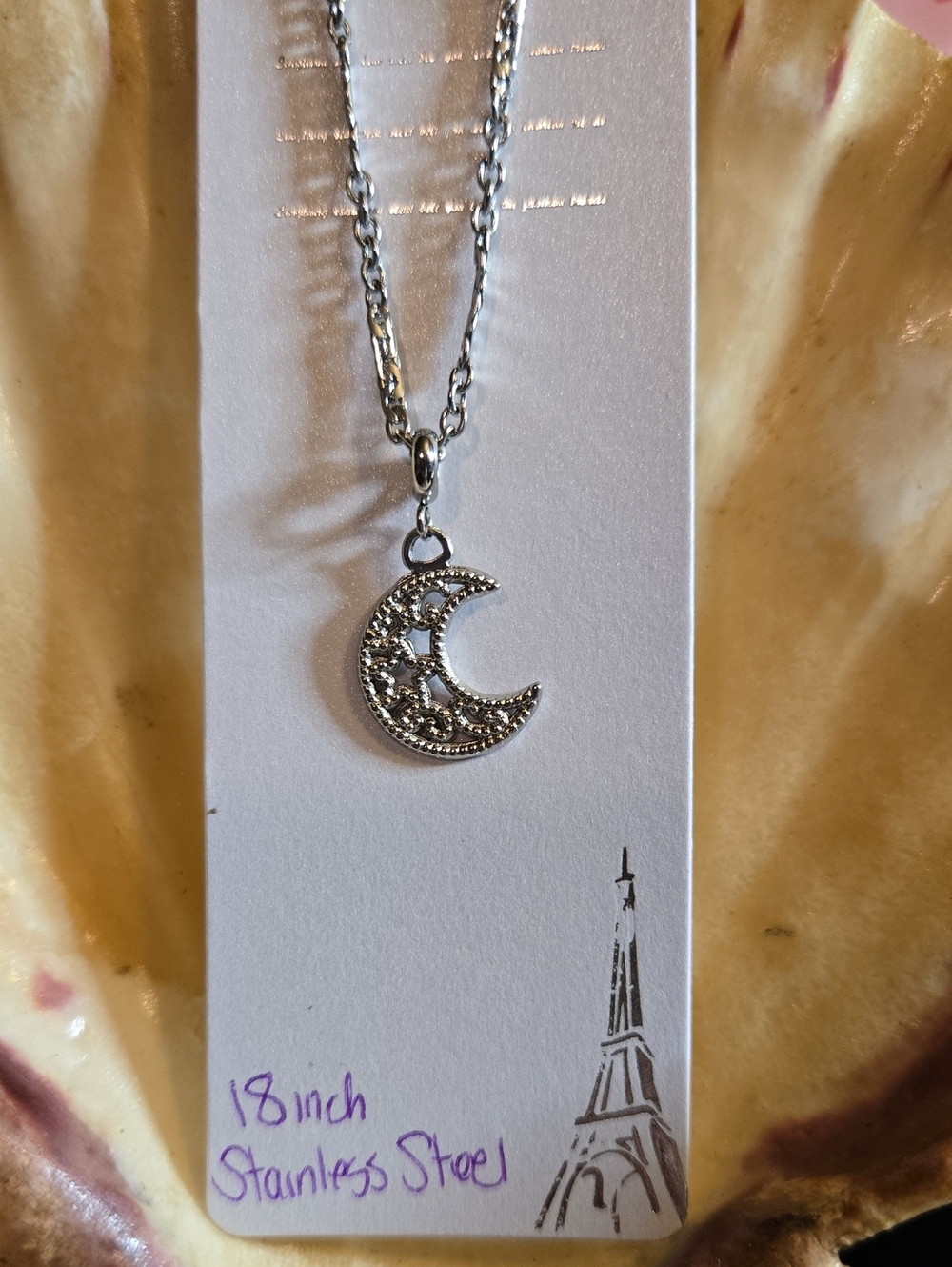 Silver Crescent Moon Pendant Necklace - Stainless Steel